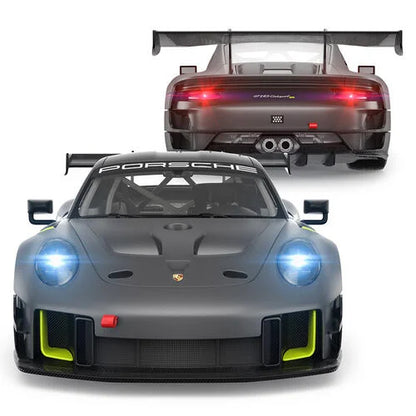 Front view of grey Porsche 911 GT2 RS Clubsport 25 RC car with bright headlights