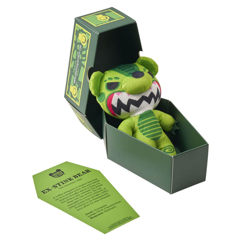 Series 5 coffin plush bear, green monster-style plush in a green gift box