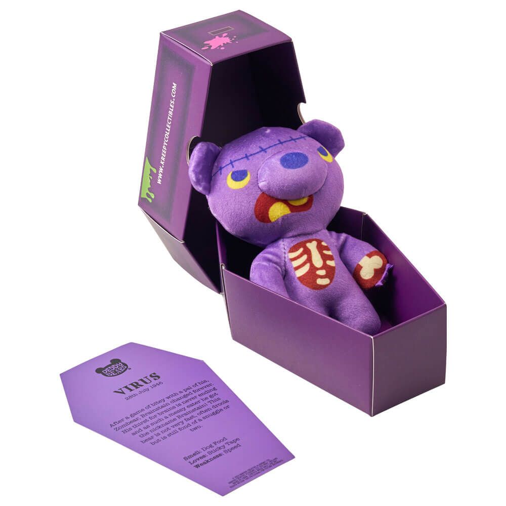 Series 5 coffin plush bear, purple character with yellow heart detail, in purple box