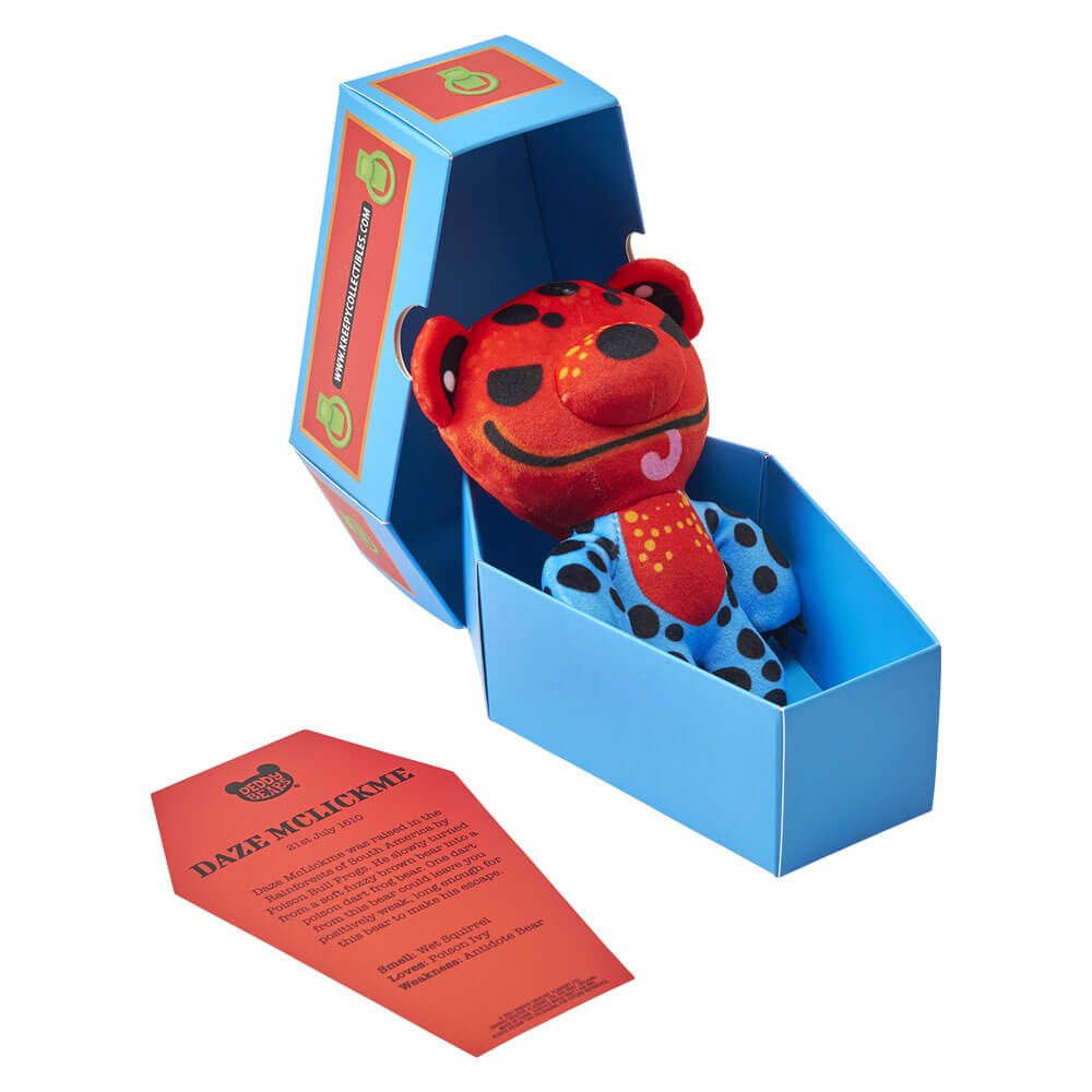 Series 5 coffin plush bear, red face with blue polka-dot suit, in blue gift box