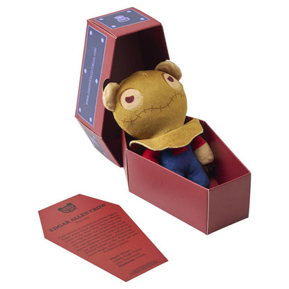 Series 5 coffin plush bear, tan bear with stitched smile, in red gift box