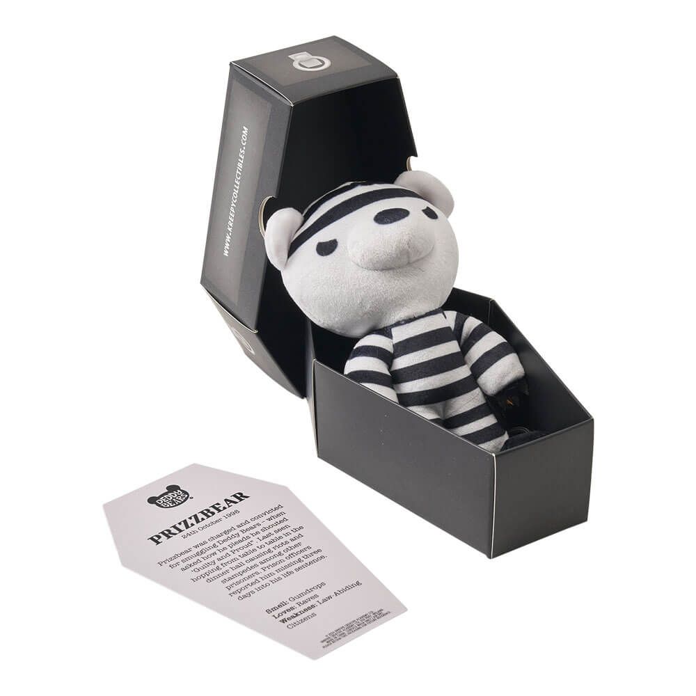Series 5 coffin plush bear, white-and-black striped shirt, in black gift box