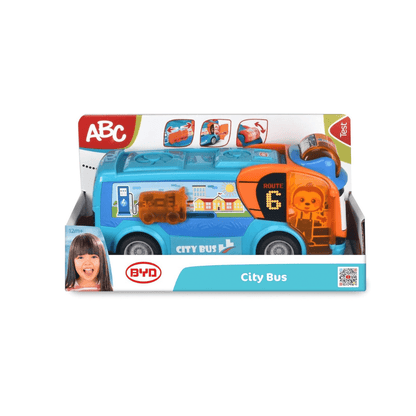 Boxed City Bus toy with blue packaging, route card graphics and BYD logo