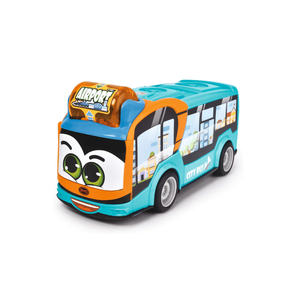 City Bus toy with teal body and orange roof, smiling character face and route graphics