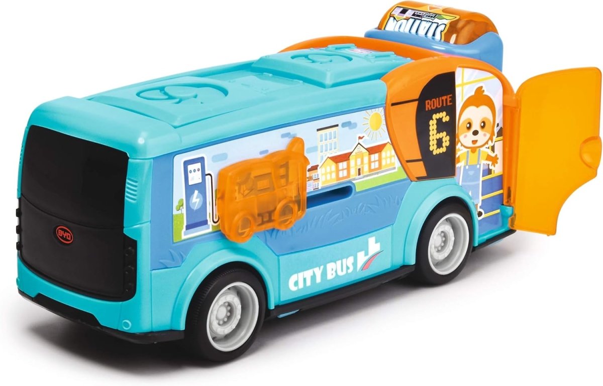 City Bus toy in teal and orange with side door open and route 6 panel graphic