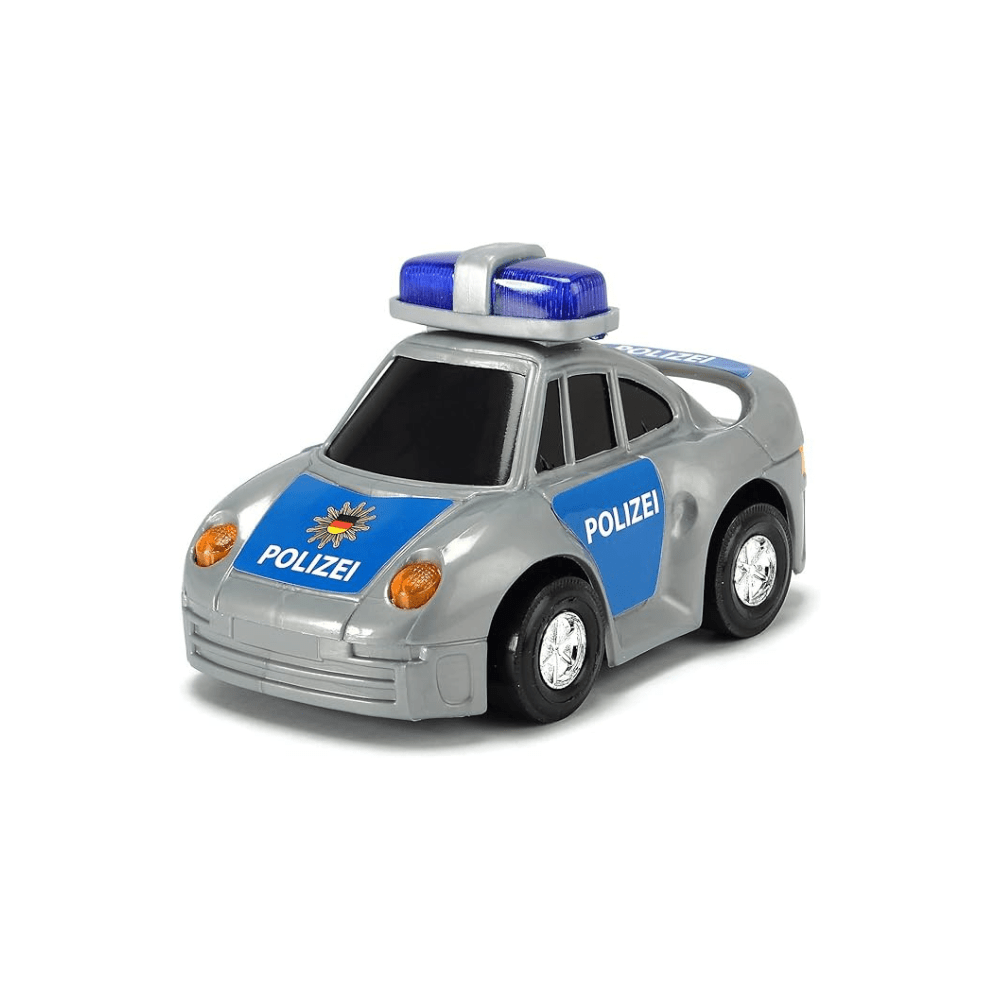 Silver police bump-and-go action car toy with blue stripe and light bar