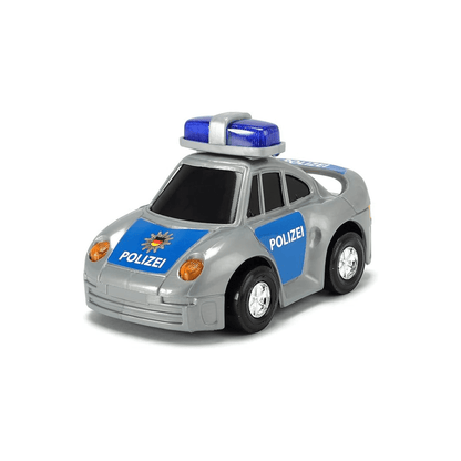 Silver police bump-and-go action car toy with blue stripe and light bar