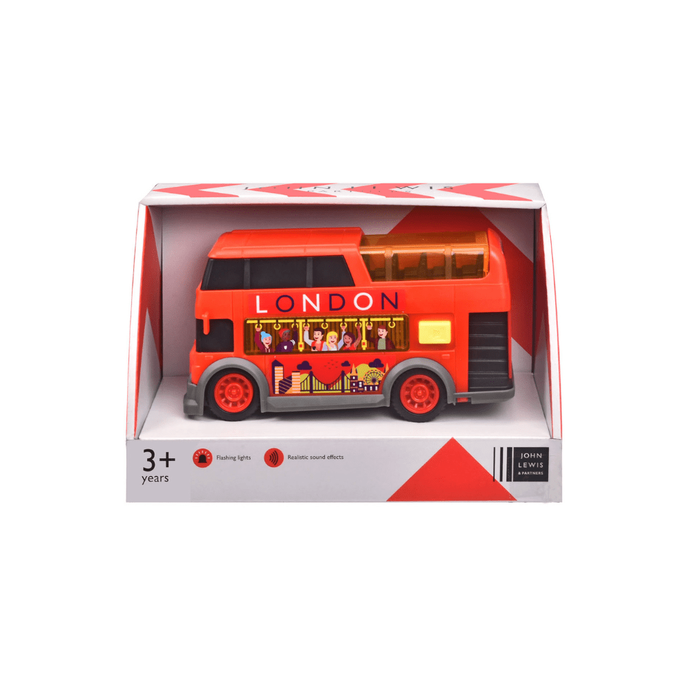 Red London toy bus inside retail box, with illustrated interior and flashing sound icons
