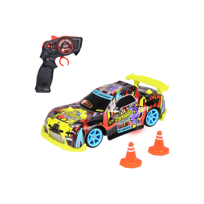 RC Tornado Drift car with remote control and three orange traffic cones