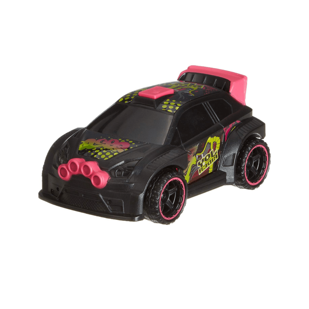 Black and pink die-cast pull-back car with colorful decals and pink-trim wheels