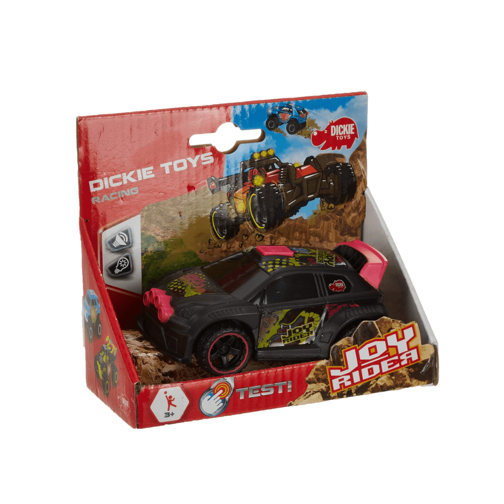 Die-cast pull-back car in red Dickie Toys box, black body with pink accents