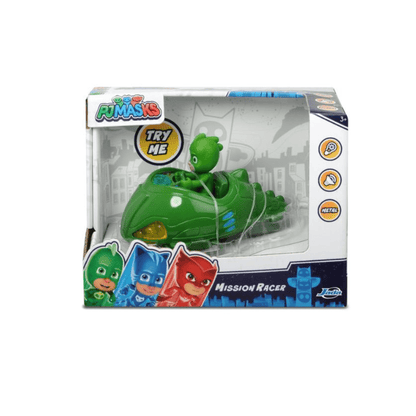 PJ Masks Mission Racer Gekko Green toy in retail box, green racer vehicle shown