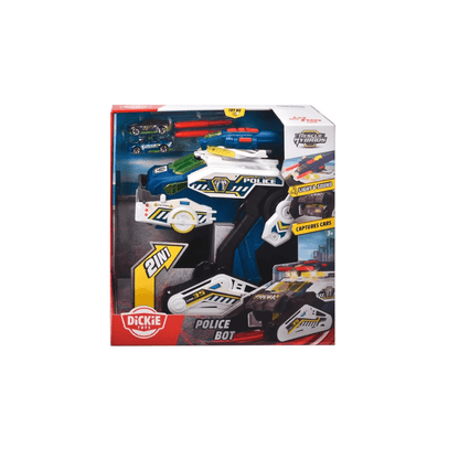 Police bot toy box showing blue-and-white robot, lights and sound, plus cars.
