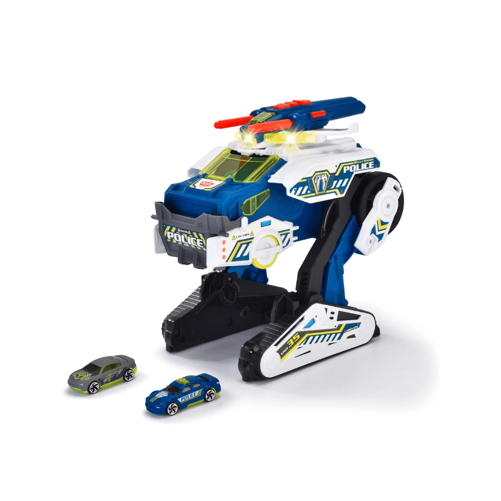 Police rescue robot with blue/white body, decals, and two miniature cars.