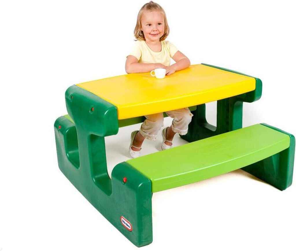 Kid picnic table with green legs and low bench, yellow tabletop for children