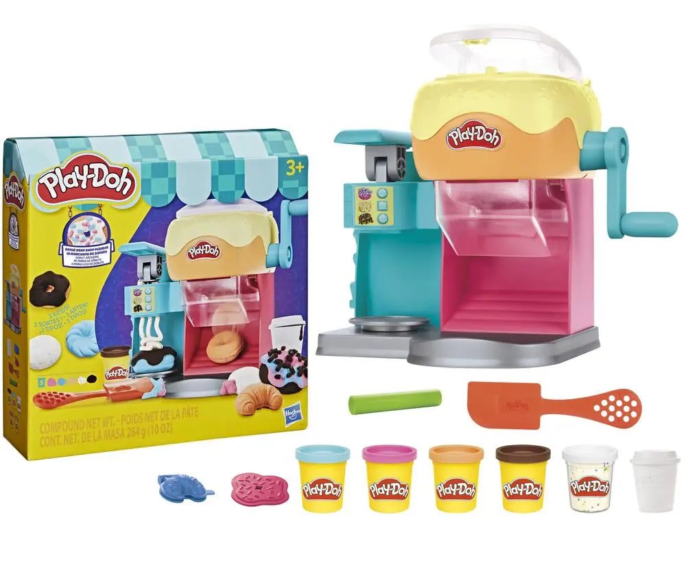 Play-Doh donut drop playset box with machine, tools, and multiple dough tubs
