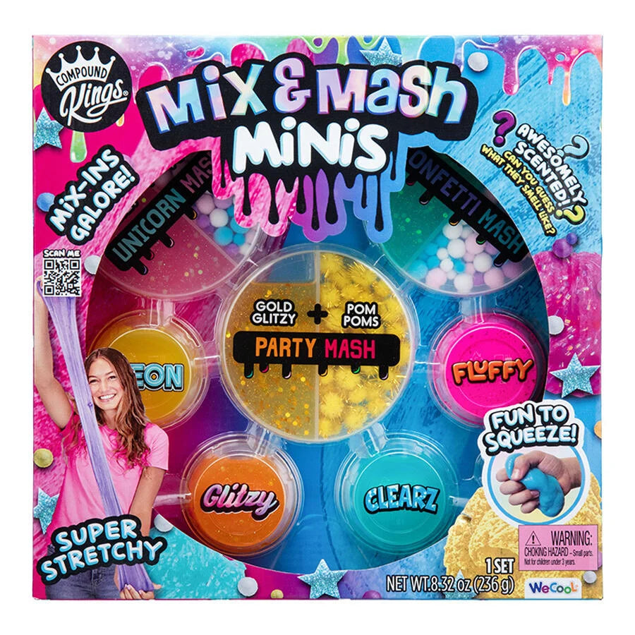 Assorted slime mix-and-match minis kit with glittery, pom, and clear slime cups