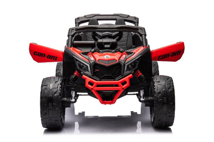 Red and black front-facing ride-on UTV with roll cage and Can-Am decals