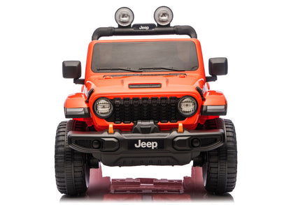 Orange Jeep Rubicon-style ride-on vehicle, straight front view with grille and lights