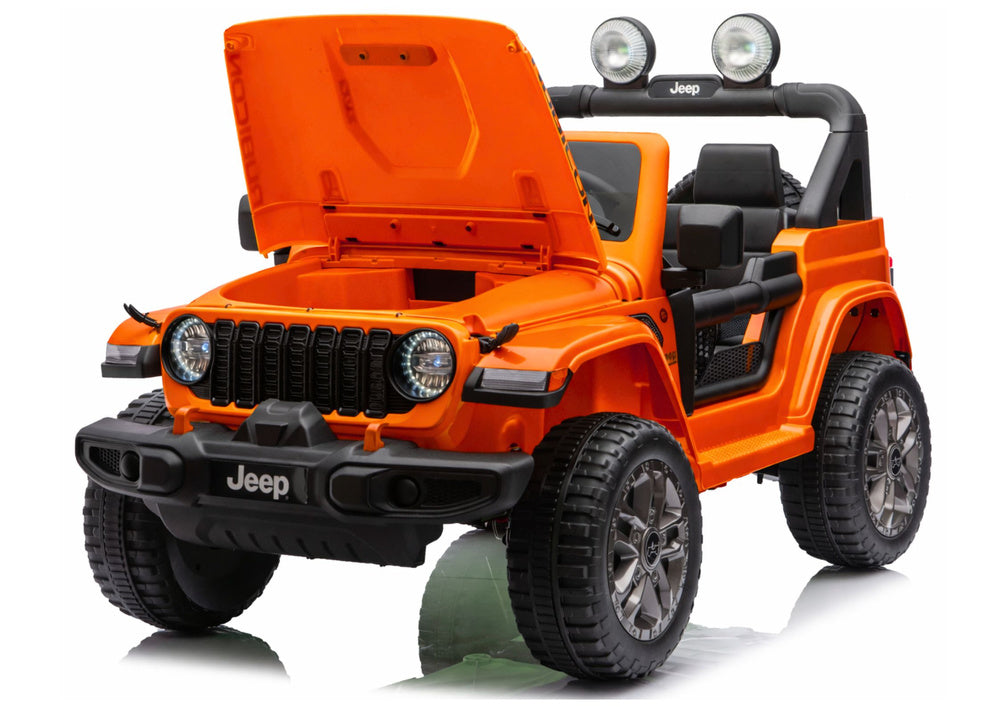 Orange Jeep Rubicon-style ride-on vehicle, side view with open seat and front lights