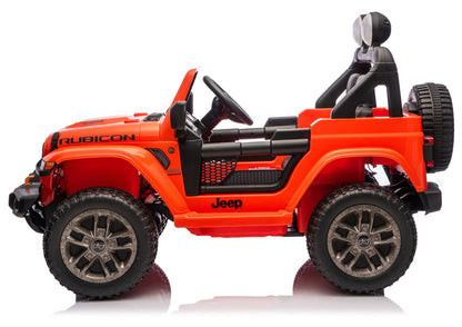 Orange Jeep Rubicon-style ride-on vehicle, side view showing door and wheel detail