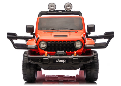 Orange Jeep Rubicon-style ride-on vehicle, front view with push bar and headlights