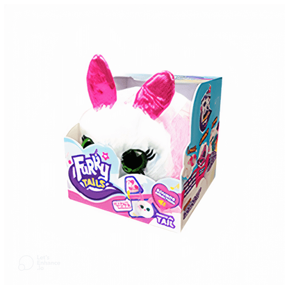 Boxed mini plush furrytail with white face, pink ears, and multicolor tail