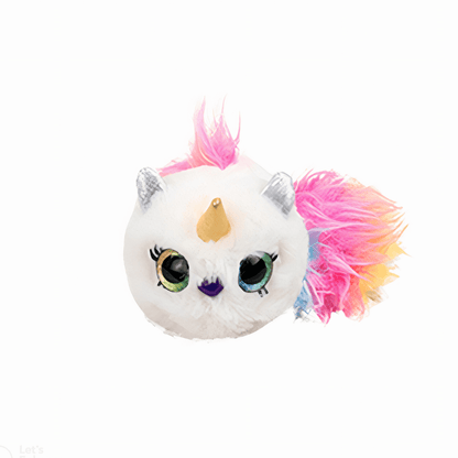 Mini plush furrytail cat face with white fur, large green eyes, and pink multicolor tail