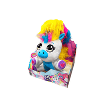 Unicorn plush in retail box, yellow-and-rainbow hair, heart accents, blue cloud on belly