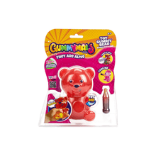Red Gummymals gummy bear toy in blister pack with bear figure and mini bottle