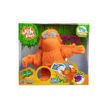 Eolo Jiggly Pets orangutan toy in retail box, orange with blue sunglasses