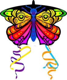 Mini butterfly nylon kite, close view of colorful wings and curled ribbon tails