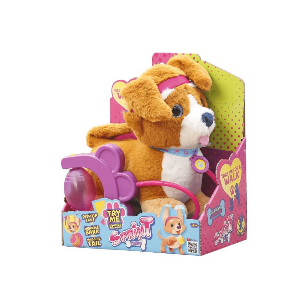 Sprint Kids plush puppy in retail box with purple pop toy and pink leash