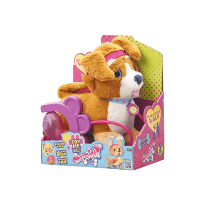 Sprint Kids plush puppy in retail box with purple pop toy and pink leash