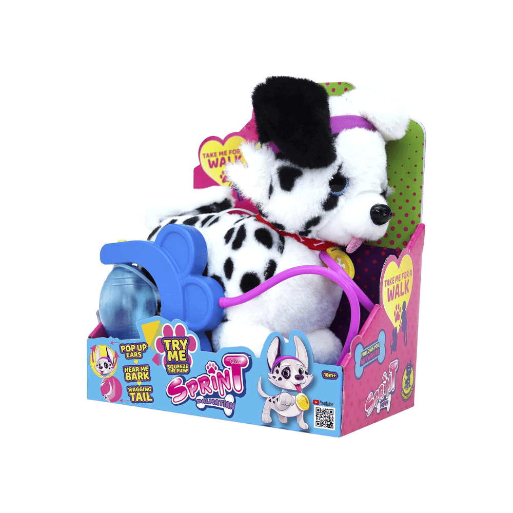 Sprint Kids plush dalmatian puppy in box with blue pop toy and pink leash