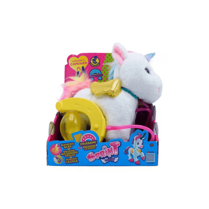 Sprint Kids plush unicorn in box with gold horn and pink leash