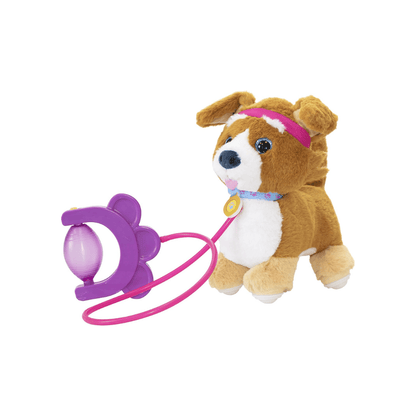 Sprint Kids plush puppy with brown fur, purple pop toy, pink leash, and yellow tag