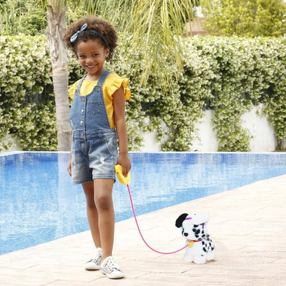 Kids using dalmatian plush puppy with pink leash beside pool