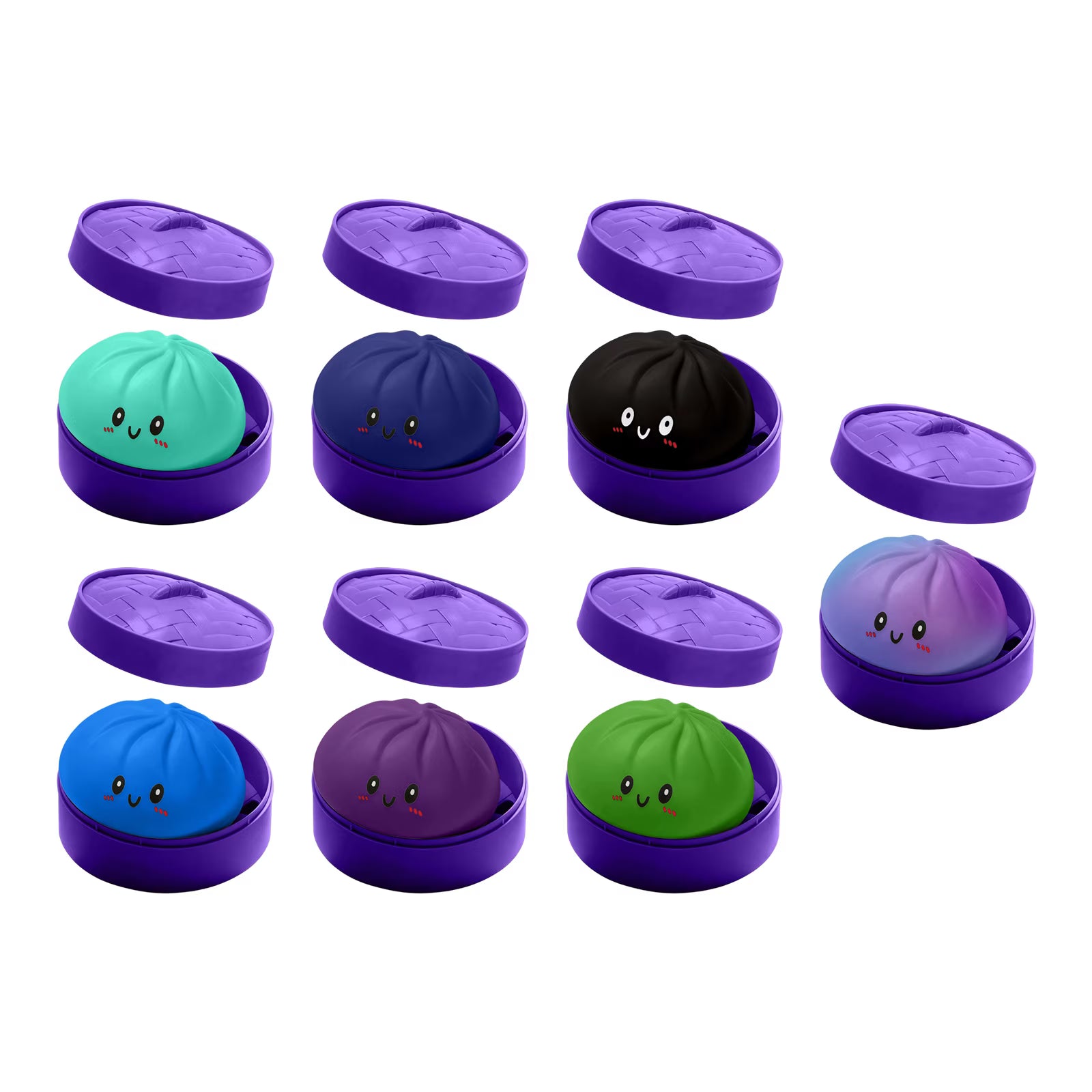 Assorted Galaxy Edition dumplings in purple snap lids, multiple colors