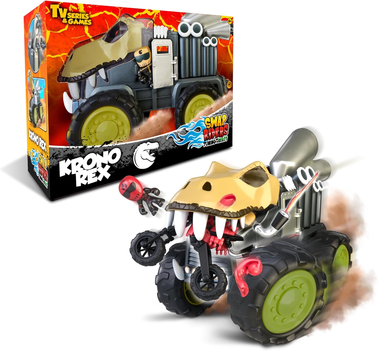 Krono Rex toy truck with retail box, yellow head with teeth and gray metallic parts