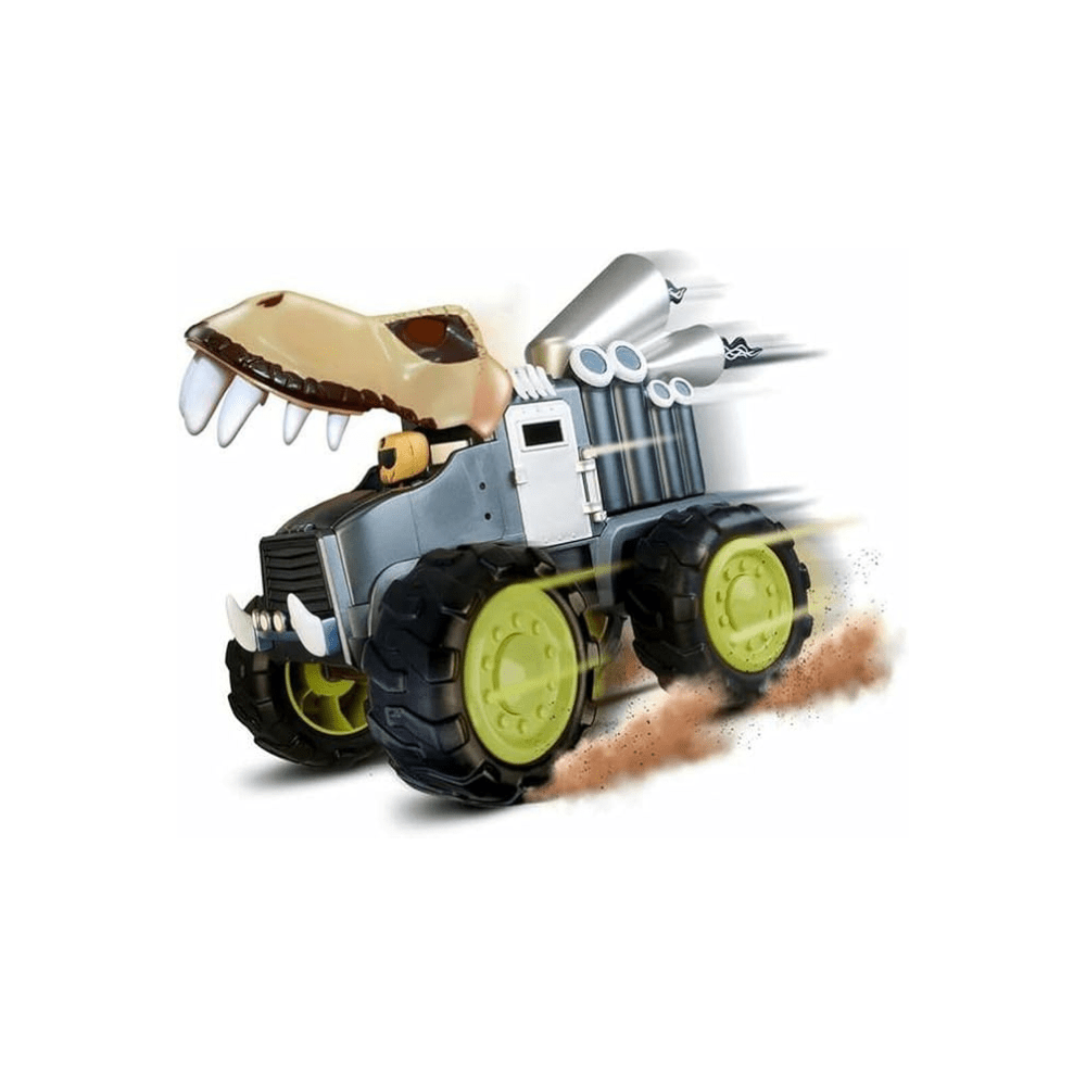 Krono Rex toy truck side view, yellow dinosaur head with white teeth and lime wheels