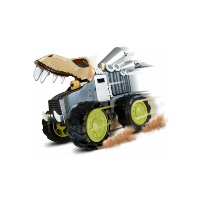 Krono Rex toy truck side view, yellow dinosaur head with white teeth and lime wheels