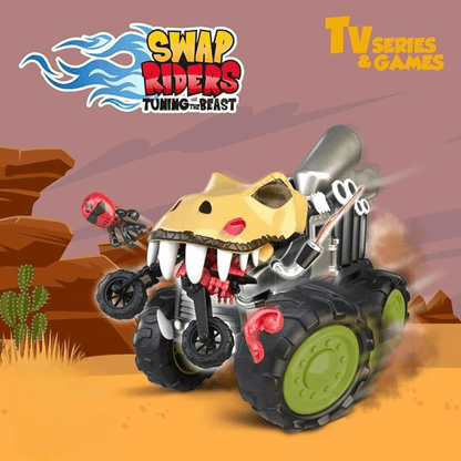 Krono Rex toy truck front view, yellow head, red mouth detail, gray metal exhaust