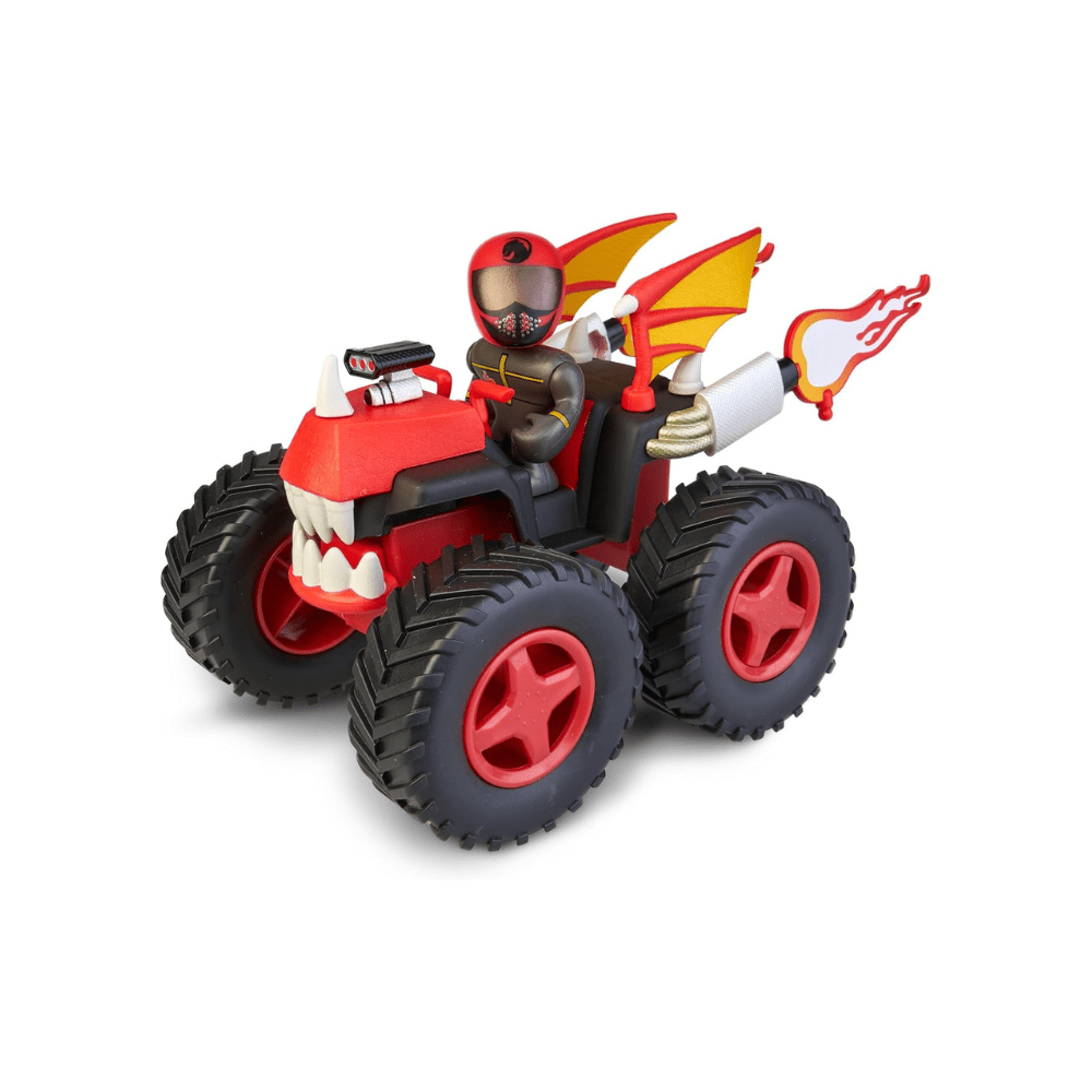 Red swap-style quad bike with rider figure and flame decals, four chunky black tires.