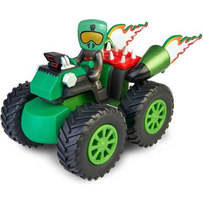 Green quad bike with soldier rider figure, flame decals and spikes, four chunky black tires.