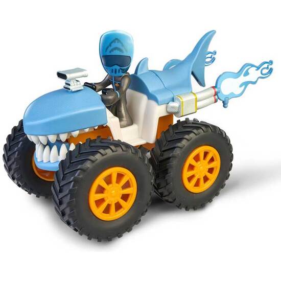 Blue quad bike with icy rider figure, shark-teeth hood and flame decal, yellow rim tires.