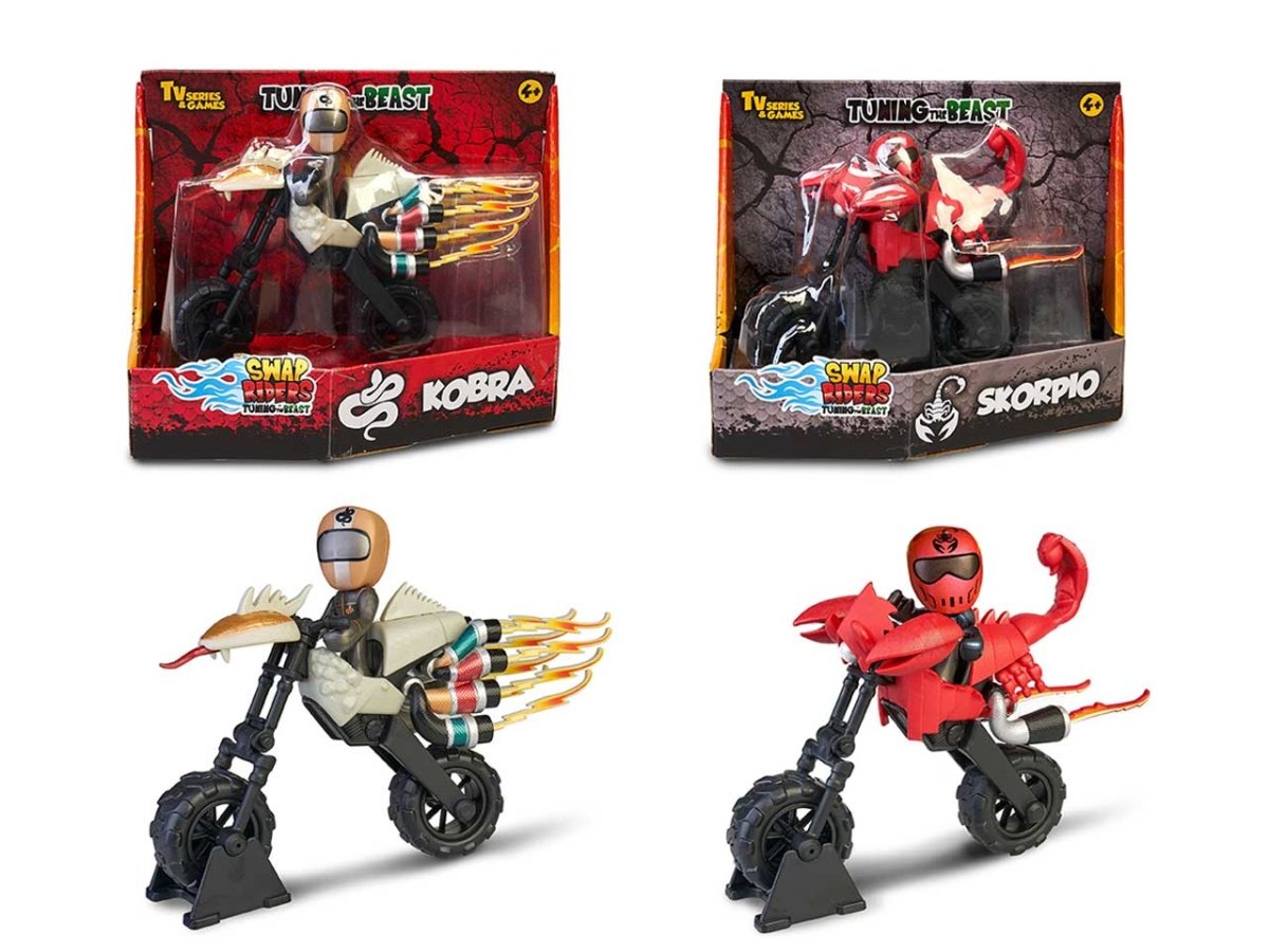Toy motorcycle swap rider action figure set in retail packaging, with red and black riders