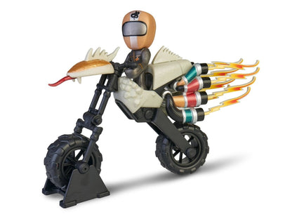 Tan swap rider toy motorcycle action figure with cream armor, black wheels, flame exhaust