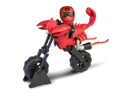 Red swap rider toy motorcycle with action figure, black wheels and flaming exhaust