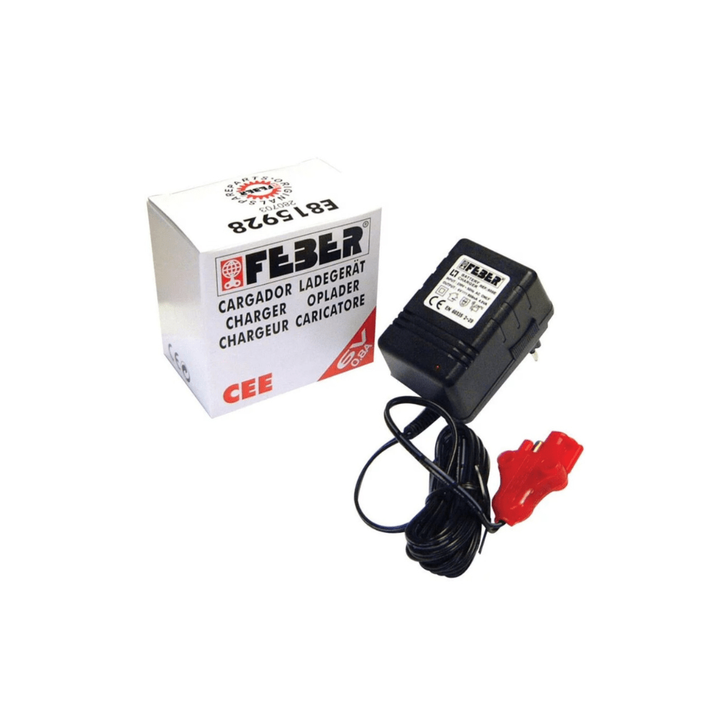 6V 1Ah ride-on battery charger with black housing and red clamp, shown with box.